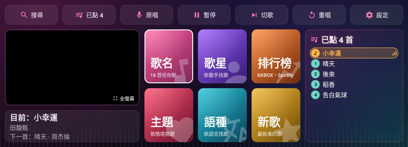 Caraoke 在車機寬螢幕上的點歌首頁：上排控制鈕，左側影片與目前歌曲，中間六張分類大卡片，右側已點清單。